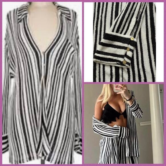 Free People Stripe Cardigan Bash Sweater oversize black & white slouchy medium - Picture 11 of 16